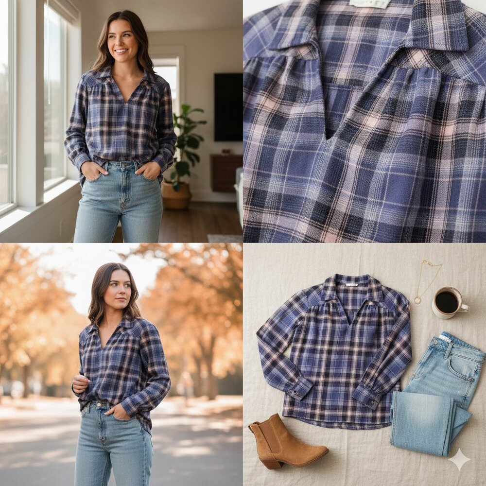 Primark Plaid Long Sleeve V-Neck Blouse Size Small